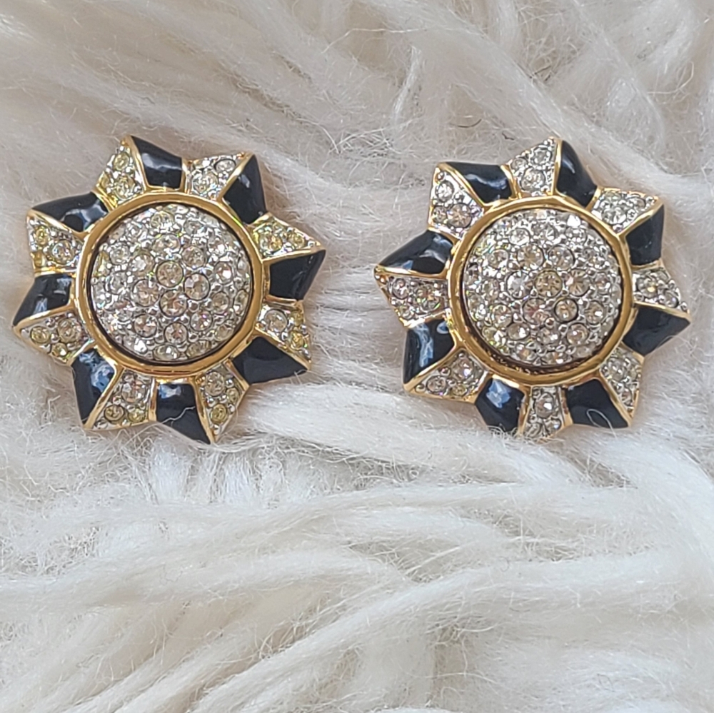 Swarovski Black and Gold Sunburst Clip-On Earrings- Gently Used